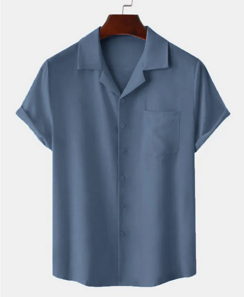 Solid Color Short Sleeve Streetwear Shirt – Blue